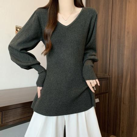 FA51980# 大码红色胖MM秋冬气质V领显瘦上衣修身百搭加厚中长款打底衫 服裝批發女裝批發服飾貨源