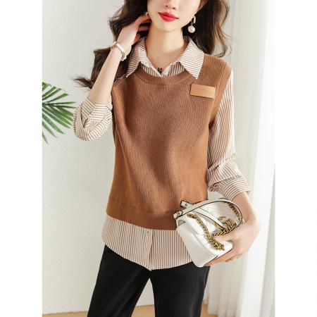 FA51981# 美拉德针织拼接假两件衬衫女春季新款优雅时尚通勤上衣 服裝批發女裝批發服飾貨源