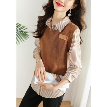 FA51981# 美拉德针织拼接假两件衬衫女春季新款优雅时尚通勤上衣 服裝批發女裝批發服飾貨源