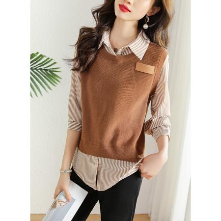 FA51981# 美拉德针织拼接假两件衬衫女春季新款优雅时尚通勤上衣 服裝批發女裝批發服飾貨源