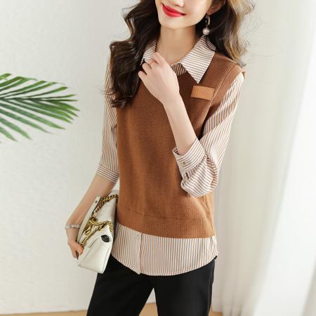 FA51981# 美拉德针织拼接假两件衬衫女春季新款优雅时尚通勤上衣 服裝批發女裝批發服飾貨源