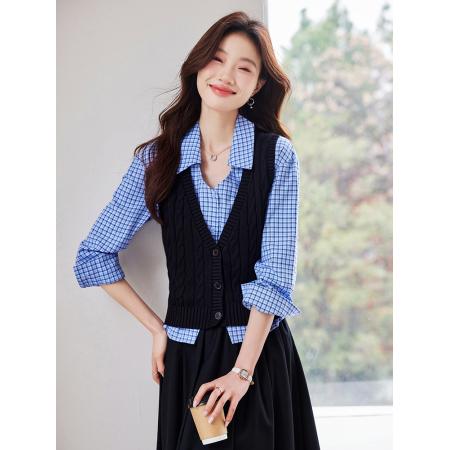 FA51983# 蓝色格子衬衫...