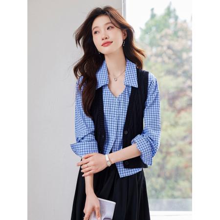 FA51983# 蓝色格子衬衫女春季新款设计感通勤V领衬衣+马甲 服裝批發女裝批發服飾貨源