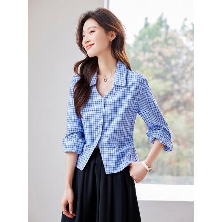 FA51983# 蓝色格子衬衫女春季新款设计感通勤V领衬衣+马甲 服裝批發女裝批發服飾貨源