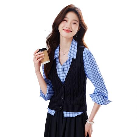 FA51983# 蓝色格子衬衫女春季新款设计感通勤V领衬衣+马甲 服裝批發女裝批發服飾貨源