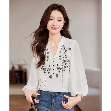 FA51984# 欧洲站春法式重工刺绣雪纺衫上衣女灯笼袖薄款打底衫V领衬衣 服裝批發女裝批發服飾貨源