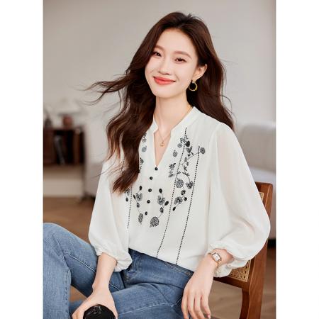 FA51984# 欧洲站春法式重工刺绣雪纺衫上衣女灯笼袖薄款打底衫V领衬衣 服裝批發女裝批發服飾貨源