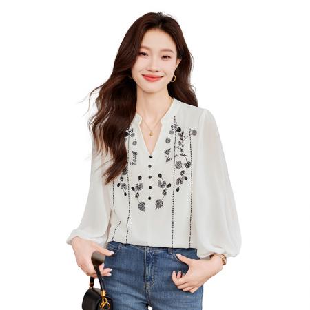 FA51984# 欧洲站春法式重工刺绣雪纺衫上衣女灯笼袖薄款打底衫V领衬衣 服裝批發女裝批發服飾貨源