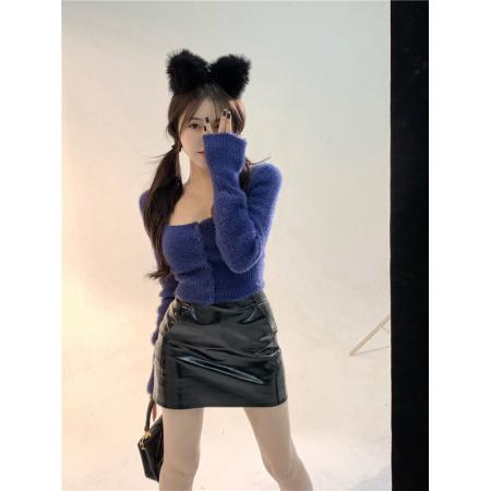 FA51989# 纯欲辣妹性感方领仿水貂绒毛衣女秋冬别致短款开衫上衣针织打底衫 服裝批發女裝批發服飾貨源