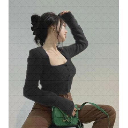 FA51989# 纯欲辣妹性感方领仿水貂绒毛衣女秋冬别致短款开衫上衣针织打底衫 服裝批發女裝批發服飾貨源