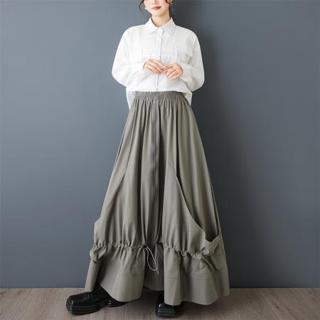 FA51990# 小众设计感大版拉链半身裙时尚宽松不规则贴布抽绳日系橡筋裙 服裝批發女裝批發服飾貨源