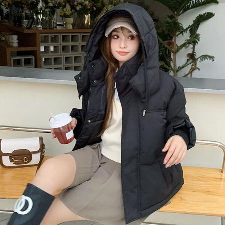 FA51996# 高级设计感冬季新款韩版简约休闲时尚短款连帽棉服保暖外套 服裝批發女裝批發服飾貨源