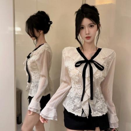 FA51997# 法式花朵荷叶边系带喇叭袖V领上衣时尚百搭修身显瘦小衫 服裝批發女裝批發服飾貨源