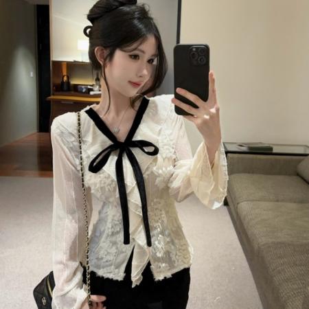 FA51997# 法式花朵荷叶边系带喇叭袖V领上衣时尚百搭修身显瘦小衫 服裝批發女裝批發服飾貨源