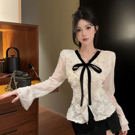 FA51997# 法式花朵荷叶边系带喇叭袖V领上衣时尚百搭修身显瘦小衫 服裝批發女裝批發服飾貨源