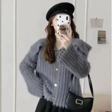 FA51999# 马海毛娃娃领开衫针织外套女秋冬新款慵懒风软糯加厚外穿毛衣 服裝批發女裝批發服飾貨源