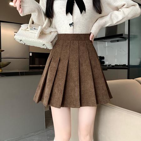 FA52002# 大码MM短裙女秋冬款百搭辣妹高腰松紧灯芯绒A字半身裙百褶裙 服裝批發女裝批發服飾貨源