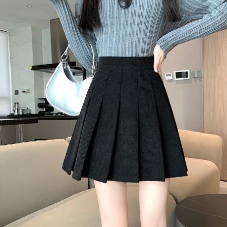 FA52002# 大码MM短裙女秋冬款百搭辣妹高腰松紧灯芯绒A字半身裙百褶裙 服裝批發女裝批發服飾貨源