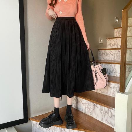 FA52005# 大码胖MM韩版秋冬丝绒百褶半身裙高腰显瘦百搭A字中长裙 服裝批發女裝批發服飾貨源