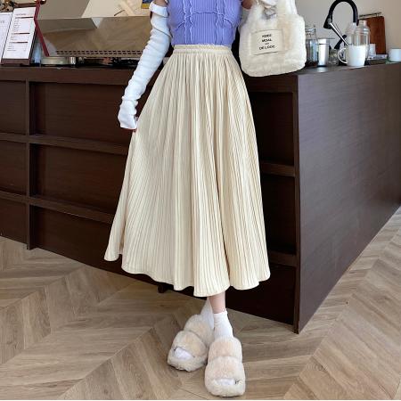 FA52005# 大码胖MM韩版秋冬丝绒百褶半身裙高腰显瘦百搭A字中长裙 服裝批發女裝批發服飾貨源