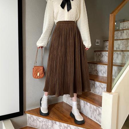 FA52005# 大码胖MM韩版秋冬丝绒百褶半身裙高腰显瘦百搭A字中长裙 服裝批發女裝批發服飾貨源