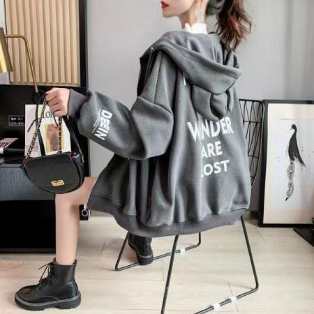 FA52007# 秋冬新款韩版加绒外套女潮ins洋气宽松拉链开衫连帽卫衣 服裝批發女裝批發服飾貨源