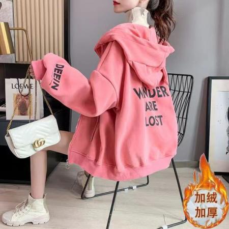 FA52007# 秋冬新款韩版加绒外套女潮ins洋气宽松拉链开衫连帽卫衣 服裝批發女裝批發服飾貨源