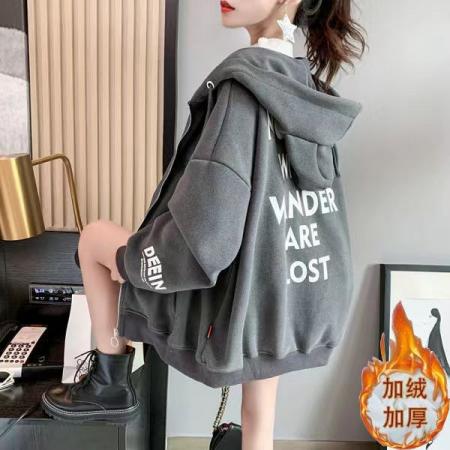 FA52007# 秋冬新款韩版加绒外套女潮ins洋气宽松拉链开衫连帽卫衣 服裝批發女裝批發服飾貨源