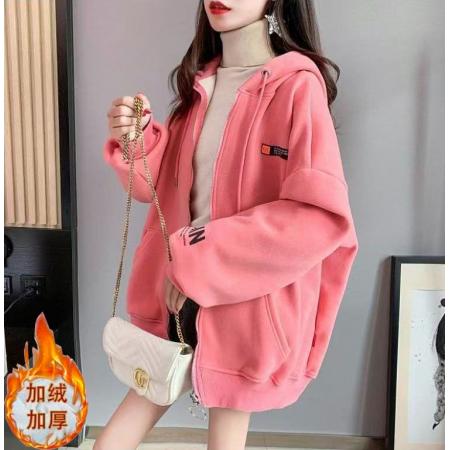 FA52007# 秋冬新款韩版加绒外套女潮ins洋气宽松拉链开衫连帽卫衣 服裝批發女裝批發服飾貨源