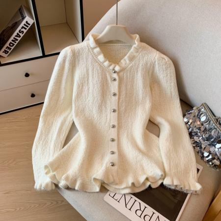 FA52008# 韩系小香风纽扣针织开衫秋冬新款荷叶边收腰显瘦减龄上衣 服裝批發女裝批發服飾貨源