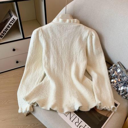 FA52008# 韩系小香风纽扣针织开衫秋冬新款荷叶边收腰显瘦减龄上衣 服裝批發女裝批發服飾貨源