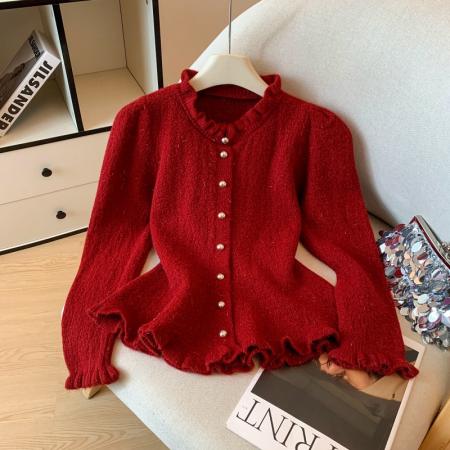 FA52008# 韩系小香风纽扣针织开衫秋冬新款荷叶边收腰显瘦减龄上衣 服裝批發女裝批發服飾貨源