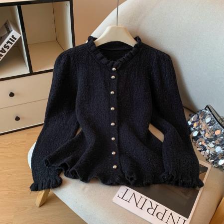 FA52008# 韩系小香风纽扣针织开衫秋冬新款荷叶边收腰显瘦减龄上衣 服裝批發女裝批發服飾貨源