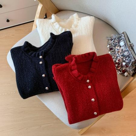 FA52008# 韩系小香风纽扣针织开衫秋冬新款荷叶边收腰显瘦减龄上衣 服裝批發女裝批發服飾貨源