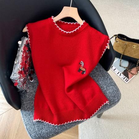 FA52009# 温柔减龄气质独特漂亮新年圣诞叠穿马夹红色小马针织马甲 服裝批發女裝批發服飾貨源