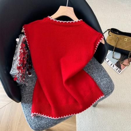 FA52009# 温柔减龄气质独特漂亮新年圣诞叠穿马夹红色小马针织马甲 服裝批發女裝批發服飾貨源