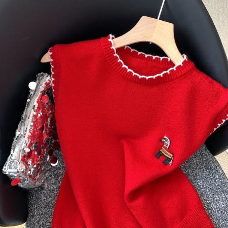 FA52009# 温柔减龄气质独特漂亮新年圣诞叠穿马夹红色小马针织马甲 服裝批發女裝批發服飾貨源