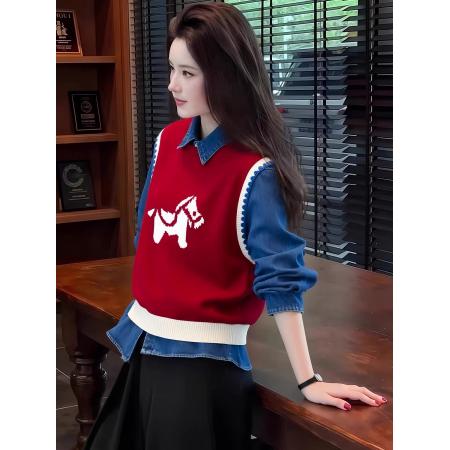 FA52010# 红色马年提花外搭叠穿针织马甲背心女秋冬季圣诞穿搭绝美上衣 服裝批發女裝批發服飾貨源