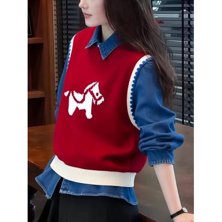 FA52010# 红色马年提花外搭叠穿针织马甲背心女秋冬季圣诞穿搭绝美上衣 服裝批發女裝批發服飾貨源