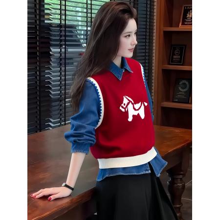 FA52010# 红色马年提花外搭叠穿针织马甲背心女秋冬季圣诞穿搭绝美上衣 服裝批發女裝批發服飾貨源