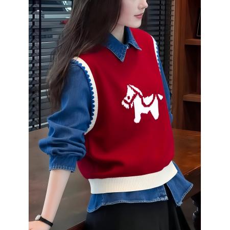 FA52010# 红色马年提花外搭叠穿针织马甲背心女秋冬季圣诞穿搭绝美上衣 服裝批發女裝批發服飾貨源