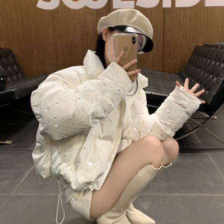 FA52011# 网红同款冬季新款小众款满天星烫钻暗黑辣妹保暖羽绒服外套女 服裝批發女裝批發服飾貨源