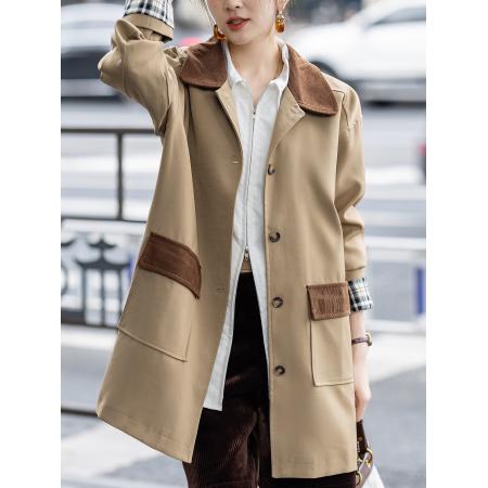 FA52013# 休闲风衣女中长秋冬新款拼色宽松显瘦外套 服裝批發女裝批發服飾貨源