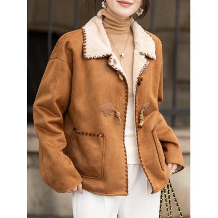 FA52014# 秋冬新款仿麂皮环保皮草翻领棕色毛毛外套 服裝批發女裝批發服飾貨源