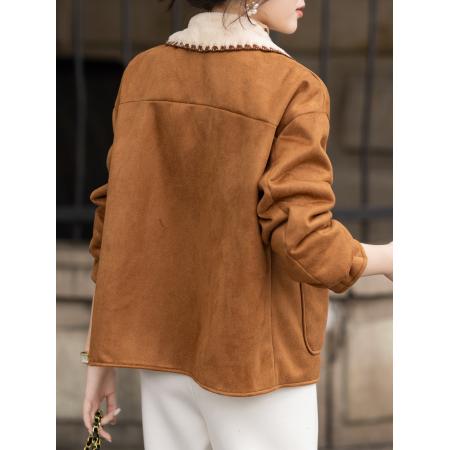 FA52014# 秋冬新款仿麂皮环保皮草翻领棕色毛毛外套 服裝批發女裝批發服飾貨源