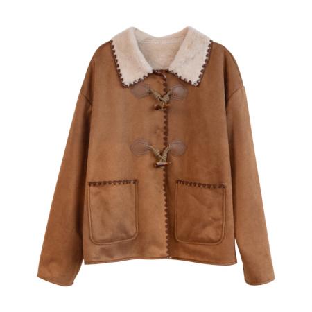 FA52014# 秋冬新款仿麂皮环保皮草翻领棕色毛毛外套 服裝批發女裝批發服飾貨源