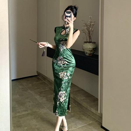 FA52016# 改良旗袍新中式绿色丝绒性感无袖花边中长款显瘦包臀连衣裙 服裝批發女裝批發服飾貨源