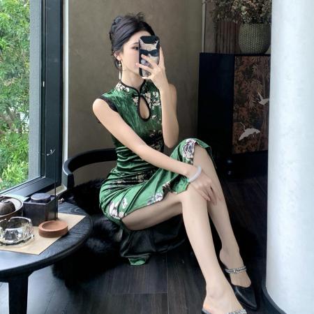 FA52016# 改良旗袍新中式绿色丝绒性感无袖花边中长款显瘦包臀连衣裙 服裝批發女裝批發服飾貨源