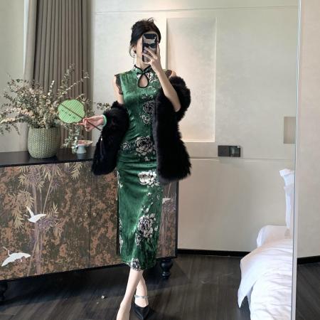 FA52016# 改良旗袍新中式绿色丝绒性感无袖花边中长款显瘦包臀连衣裙 服裝批發女裝批發服飾貨源