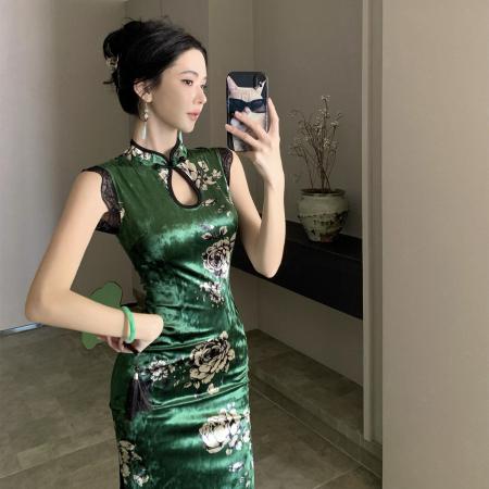 FA52016# 改良旗袍新中式绿色丝绒性感无袖花边中长款显瘦包臀连衣裙 服裝批發女裝批發服飾貨源